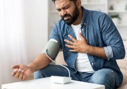 A man experiencing chest pain while checking his blood pressure at home.