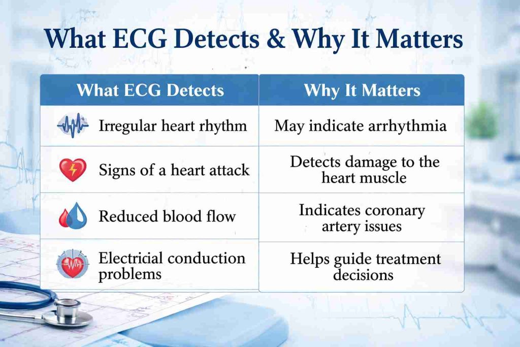 Infographic explaining what an ECG detects, such as irregular heart rhythm, signs of a heart attack, reduced blood flow, and electrical conduction problems.
