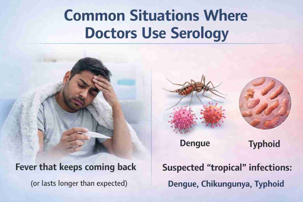 Infographic displaying common situations where doctors use serology, such as dengue, chikungunya, and typhoid.