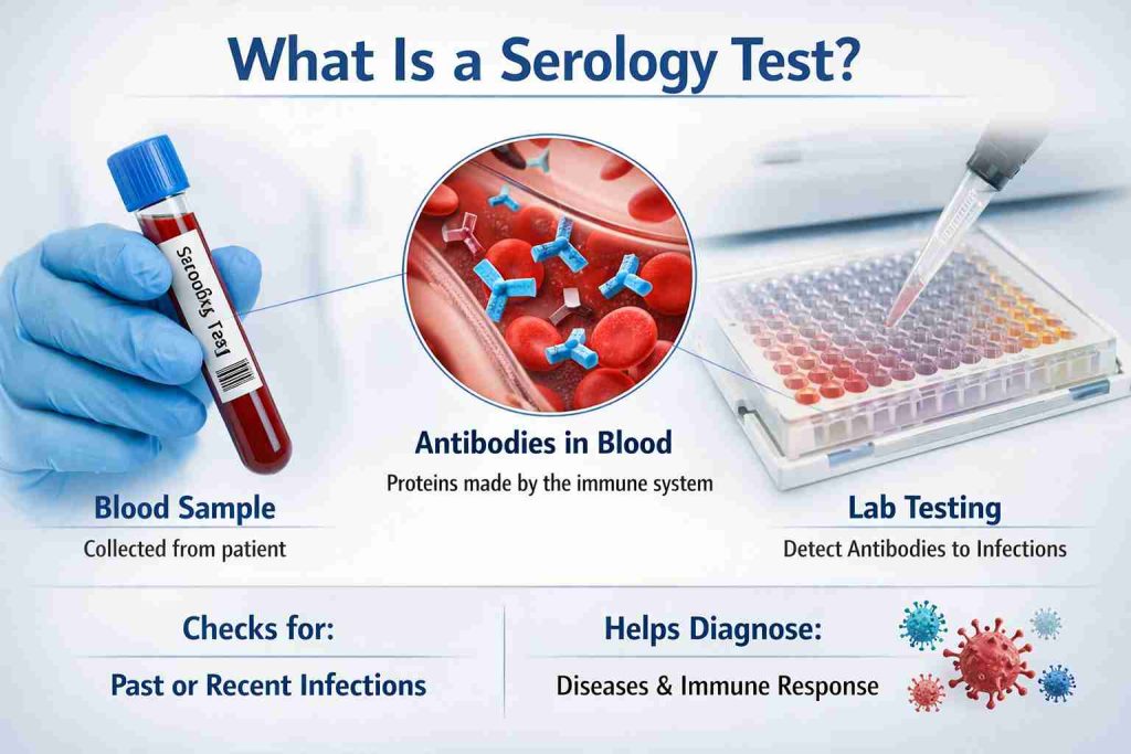 Visual explanation of serology tests, showing blood sample, antibodies in blood, and lab testing procedures.