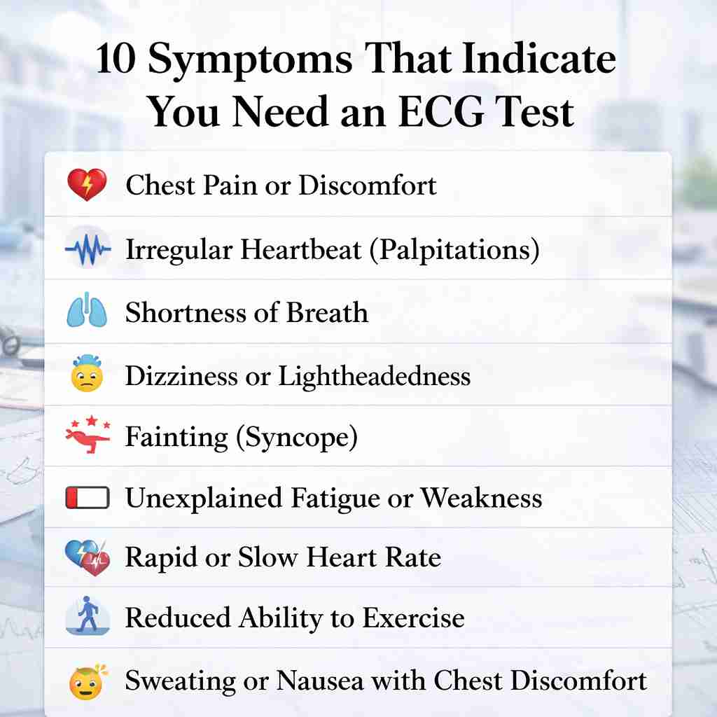 Infographic listing 10 symptoms that indicate the need for an ECG test, including chest pain, irregular heartbeat, shortness of breath, and more.