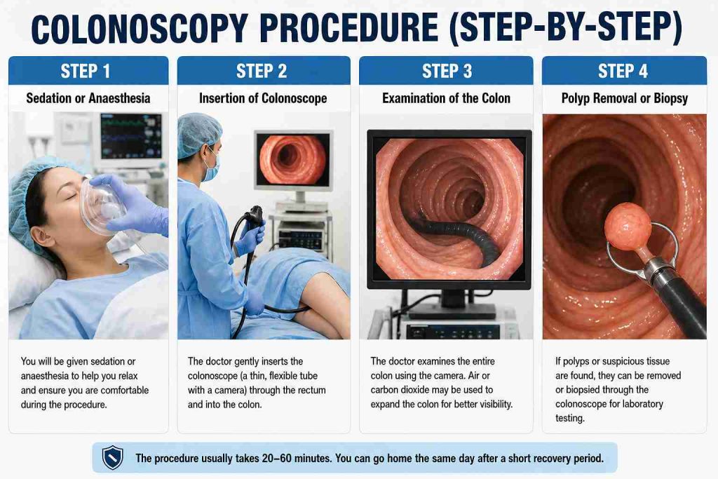 Step-by-step colonoscopy procedure showing sedation, insertion of colonoscope, examination of colon lining, and polyp removal or biopsy for colorectal health