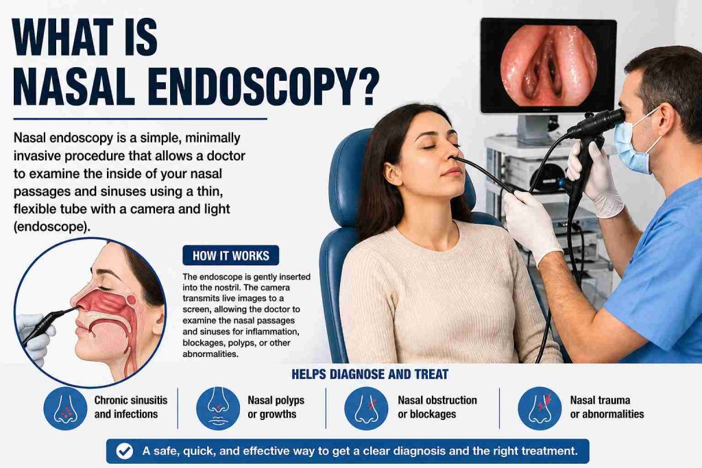 Infographic explaining nasal endoscopy: a minimally invasive procedure where a doctor inserts a thin, flexible endoscope into the nose to examine nasal passages and sinuses. Diagram shows endoscope placement and text highlights conditions like chronic sinusitis, nasal polyps, blockages, and trauma.