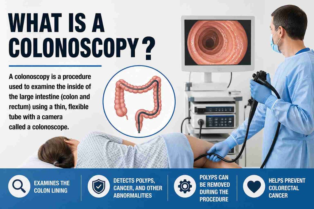 Doctor performing a colonoscopy procedure on a patient using a flexible colonoscope to examine the large intestine for polyps, cancer, and other abnormalities