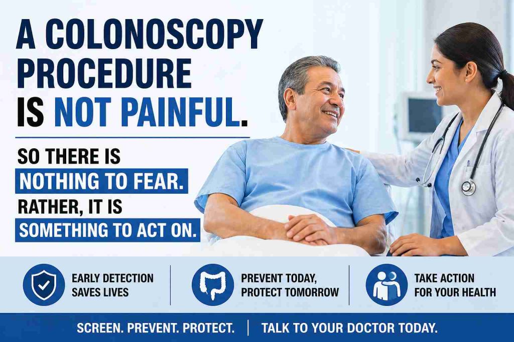 Smiling patient talking with doctor after colonoscopy, highlighting that the procedure is not painful and emphasizes early detection and colorectal cancer prevention