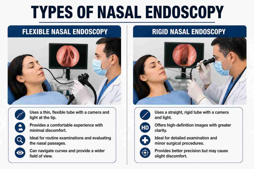 Comparison infographic showing two types of nasal endoscopy: flexible vs rigid. Flexible endoscopy uses a thin, bendable tube for comfort and wider view, ideal for routine checks. Rigid endoscopy uses a straight tube for high-definition imaging, precise examination, and minor surgical procedures.
